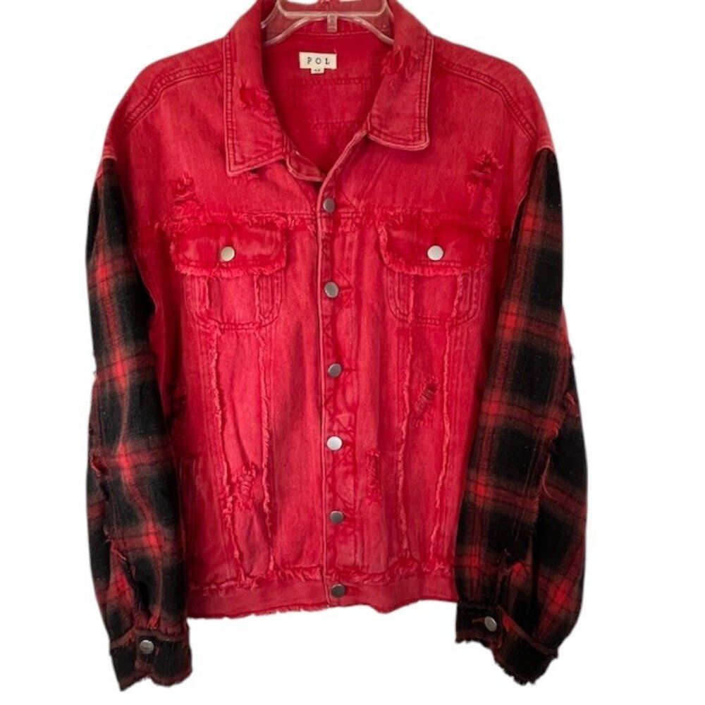POL Distressed  Red Jean Jacket with Black & Red Flannel Sleeves- Size M